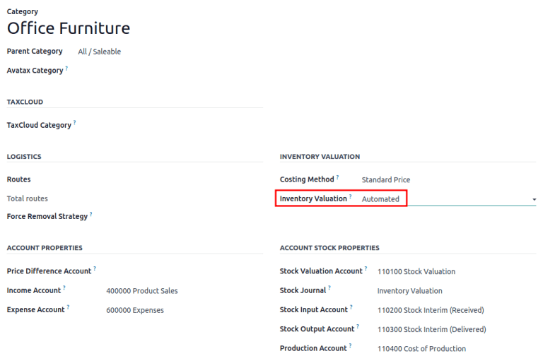 Odoo 18 documentation: automated category and stock accounts.